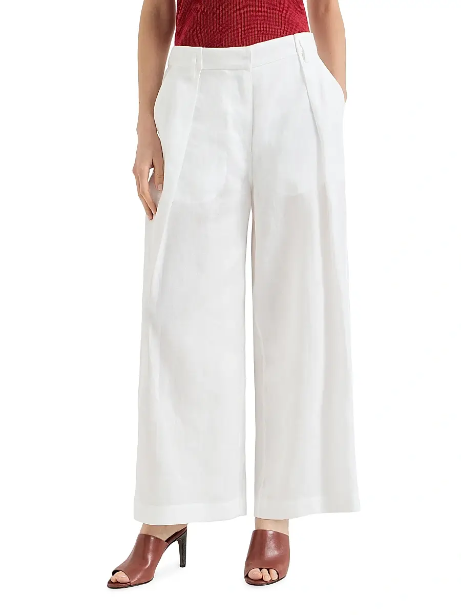 Brunello Cucinelli Women's Cotton Pleated A-Line Trousers with Monili - White | Thumbnail 2