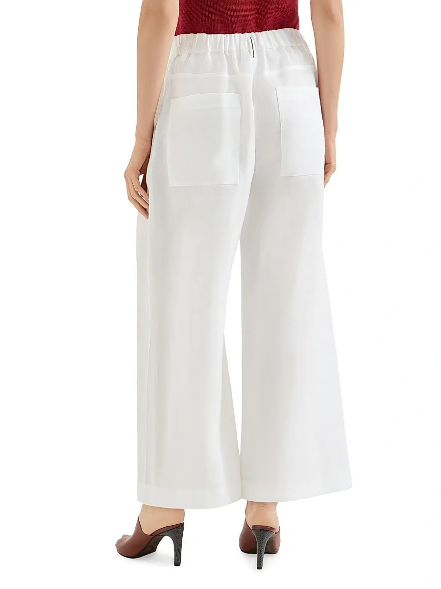 Brunello Cucinelli Women's Cotton Pleated A-Line Trousers with Monili - White | Thumbnail 3