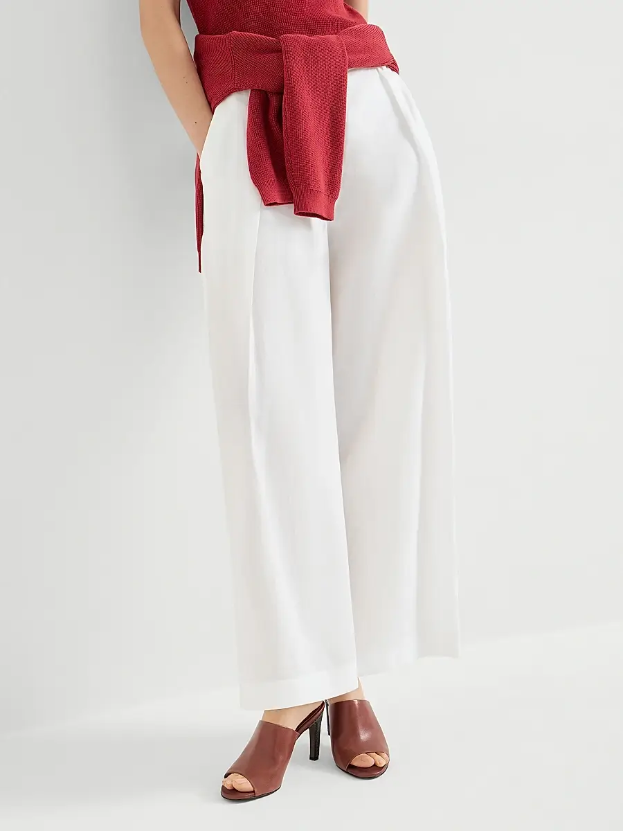Brunello Cucinelli Women's Cotton Pleated A-Line Trousers with Monili - White | Thumbnail 5
