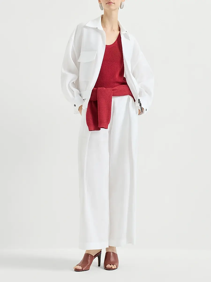 Brunello Cucinelli Women's Cotton Pleated A-Line Trousers with Monili - White | Thumbnail 6