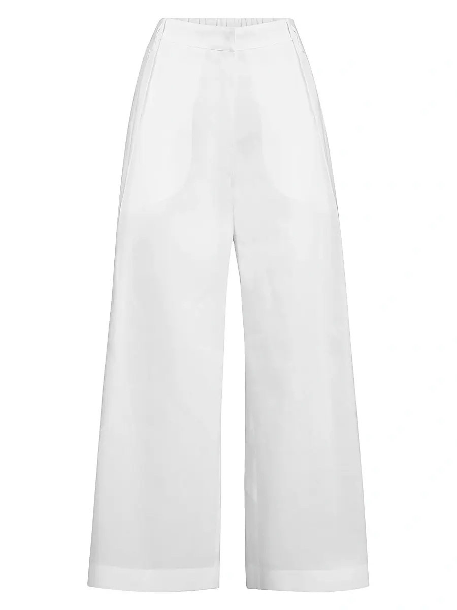 Women's Cotton Pleated A-Line Trousers with Monili - White Women's Cotton Pleated A-Line Trousers with Monili - White