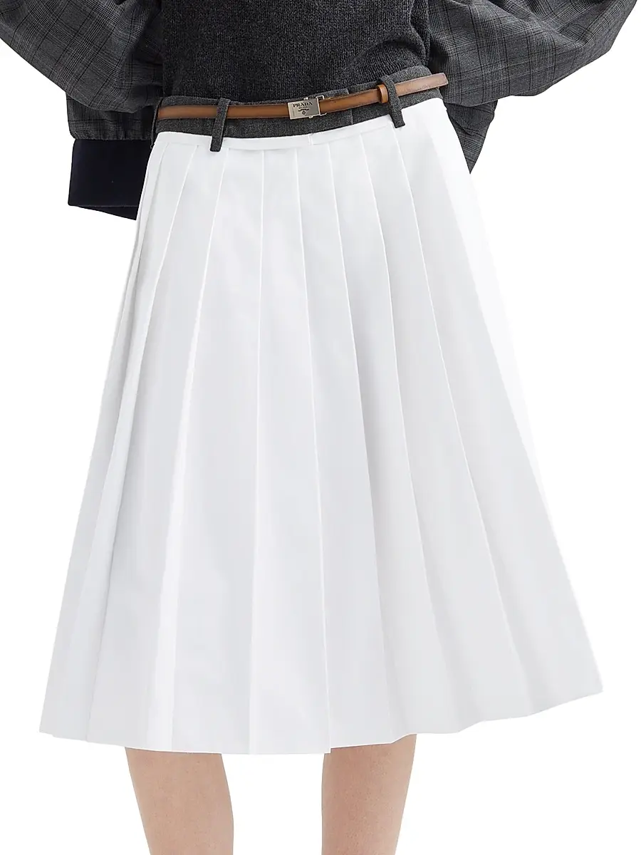 Prada Women's Pleated Poplin and Rush Stitch Skirt | Thumbnail 2