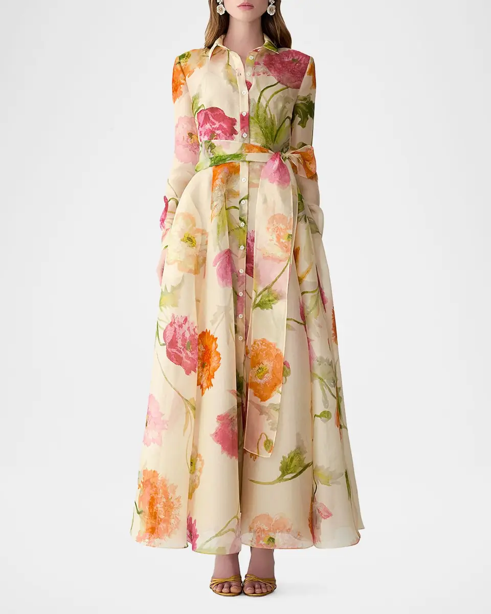 Carolina Herrera Floral Silk Organza Belted Long-Sleeve Maxi Trench Dress | Thumbnail 4 Carolina Herrera Floral Silk Organza Belted Long-Sleeve Maxi Trench Dress | Thumbnail 4