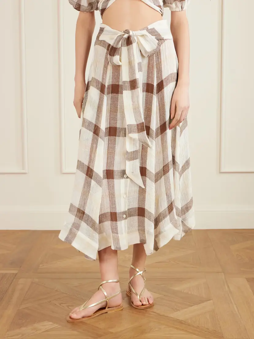 Lisa Marie Fernandez Tie-detailed Checked Linen-blend Gauze Midi Skirt | Thumbnail 3 Lisa Marie Fernandez Tie-detailed Checked Linen-blend Gauze Midi Skirt | Thumbnail 3