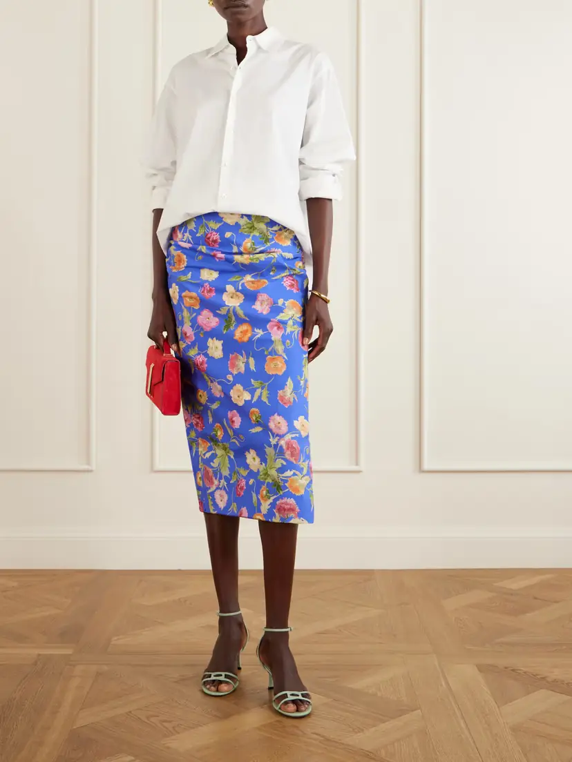 Carolina Herrera Ruched Floral-print Cotton-blend Midi Skirt | Thumbnail 2 Carolina Herrera Ruched Floral-print Cotton-blend Midi Skirt | Thumbnail 2