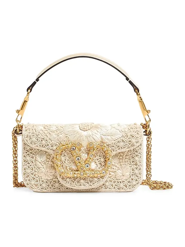 Women's Locò Small Embroidered Shoulder Bag with Jewel Logo - Butter Women's Locò Small Embroidered Shoulder Bag with Jewel Logo - Butter
