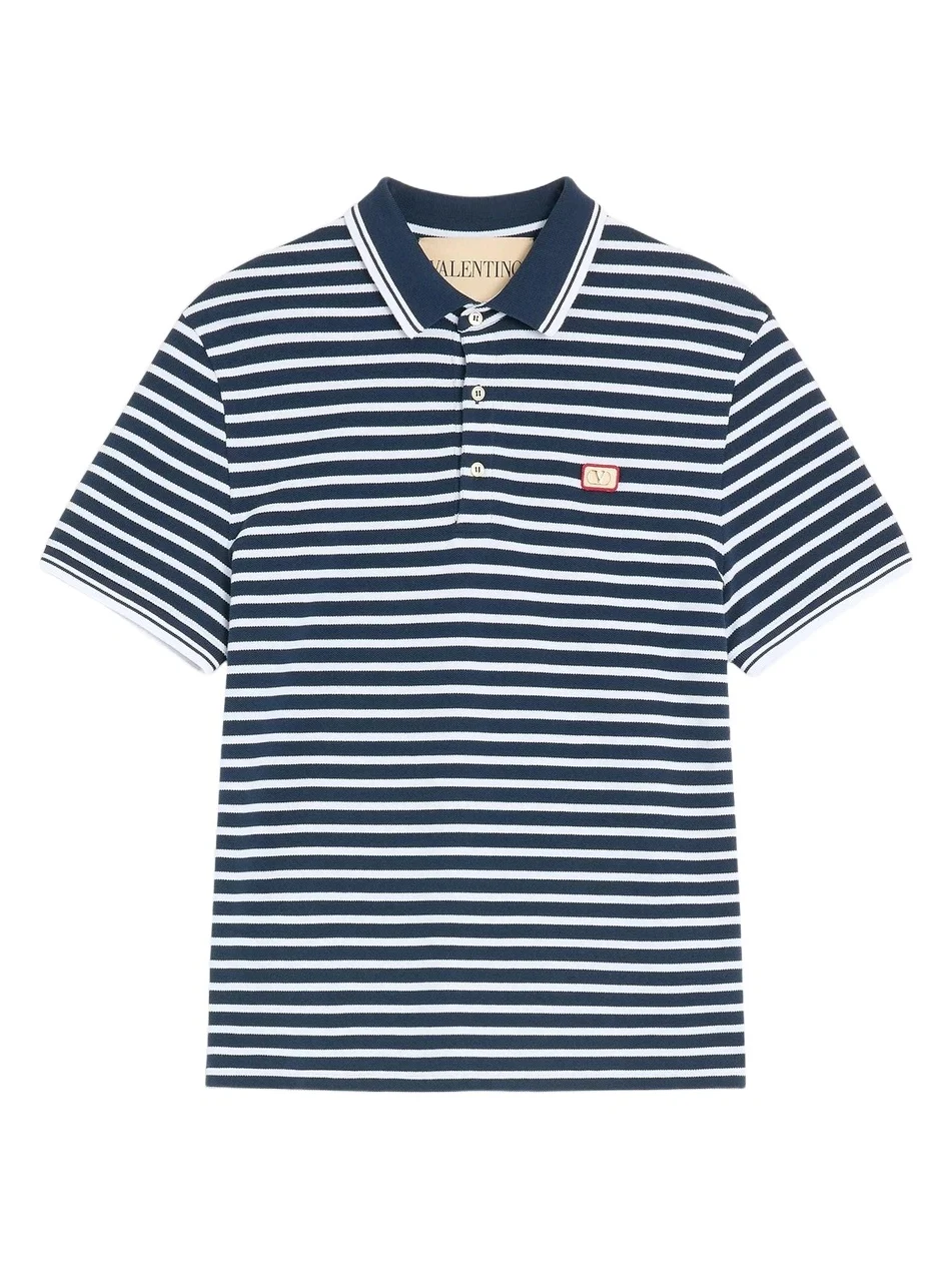 Men's Cotton Piqué Polo with VLogo Patch - White Blue Men's Cotton Piqué Polo with VLogo Patch - White Blue