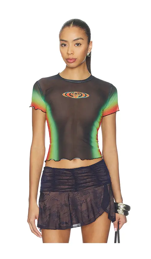 Casablanca Scallop Short Sleeve Printed Mesh Top | Image 1 Casablanca Scallop Short Sleeve Printed Mesh Top | Image 1
