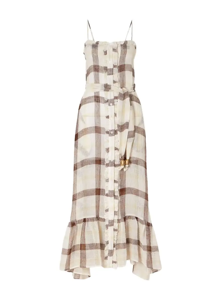 Lisa Marie Fernandez Belted Embellished Tiered Ruffled Checked Linen-blend Gauze Maxi Dress | Image 1 Lisa Marie Fernandez Belted Embellished Tiered Ruffled Checked Linen-blend Gauze Maxi Dress | Image 1