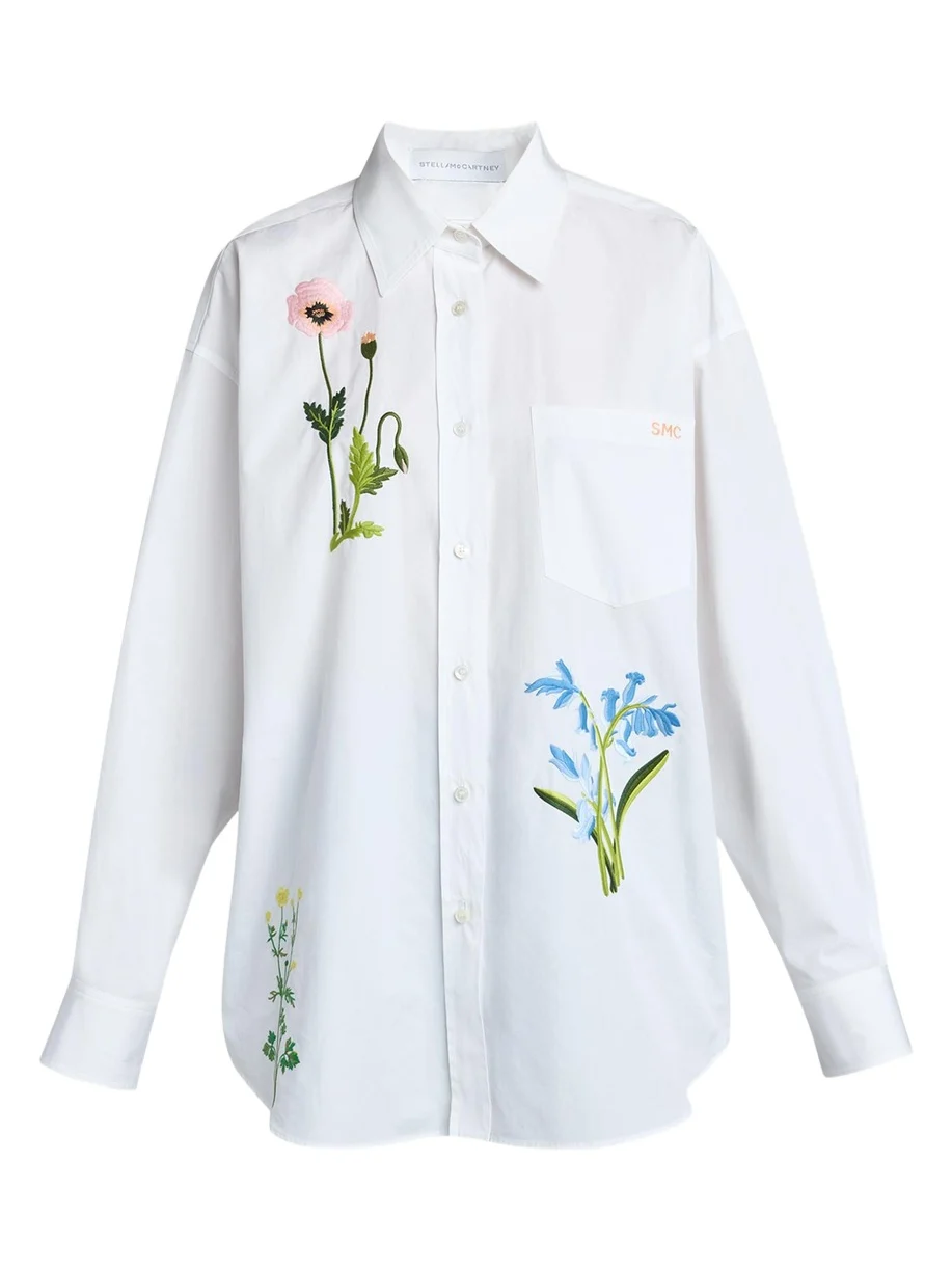 Flower Embroidered Cotton Poplin Button-Down Shirt
