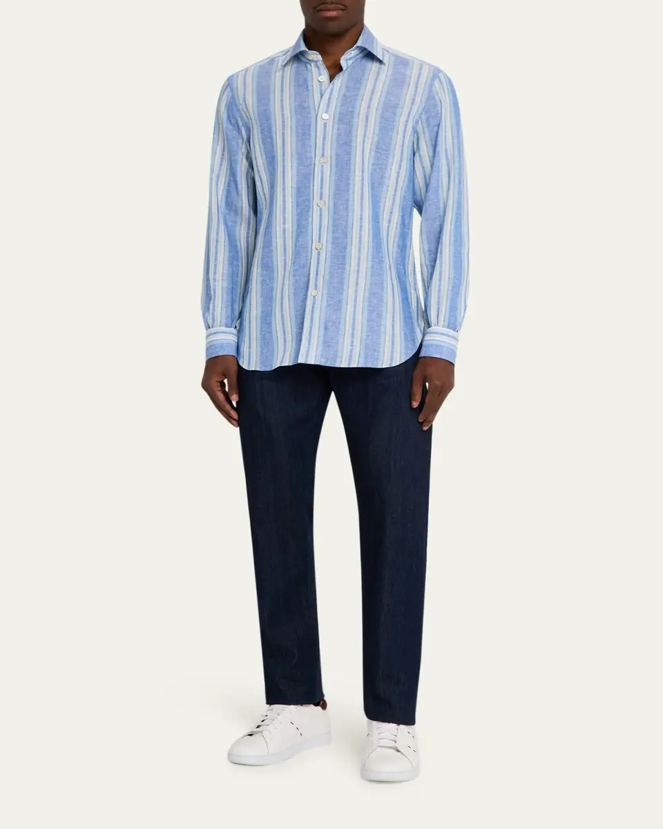 Kiton Men's Linen Blend Wide Stripe Button-Down Shirt | Thumbnail 2 Kiton Men's Linen Blend Wide Stripe Button-Down Shirt | Thumbnail 2