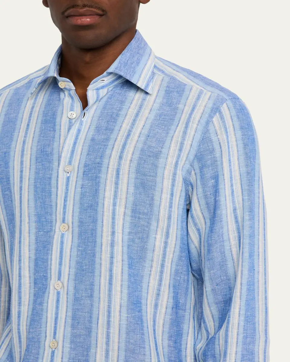 Kiton Men's Linen Blend Wide Stripe Button-Down Shirt | Thumbnail 5 Kiton Men's Linen Blend Wide Stripe Button-Down Shirt | Thumbnail 5