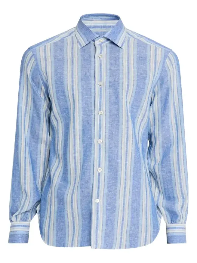 Men's Linen Blend Wide Stripe Button-Down Shirt Men's Linen Blend Wide Stripe Button-Down Shirt