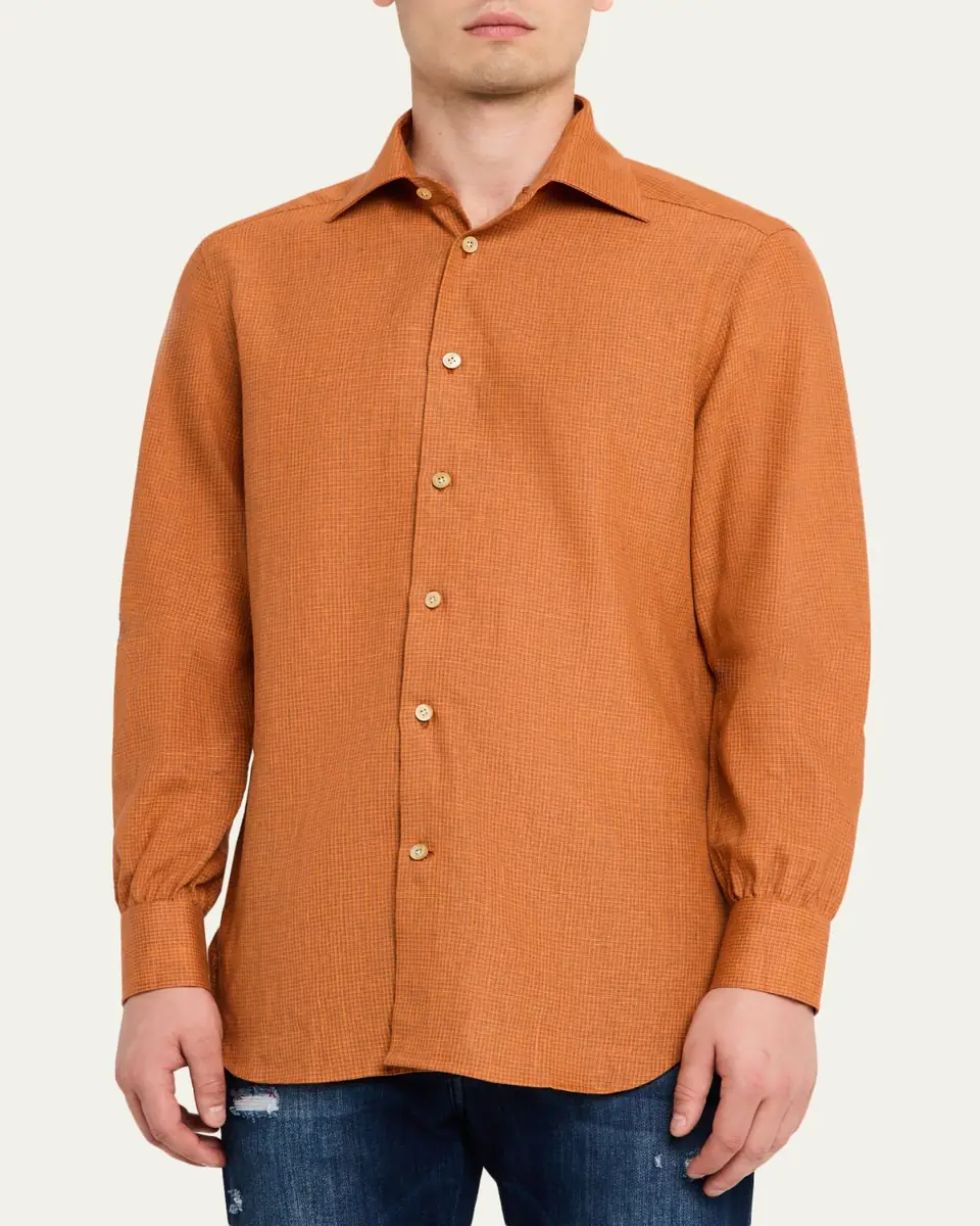 Kiton Men's Linen Blend Shadow-Check Sport Shirt | Thumbnail 4