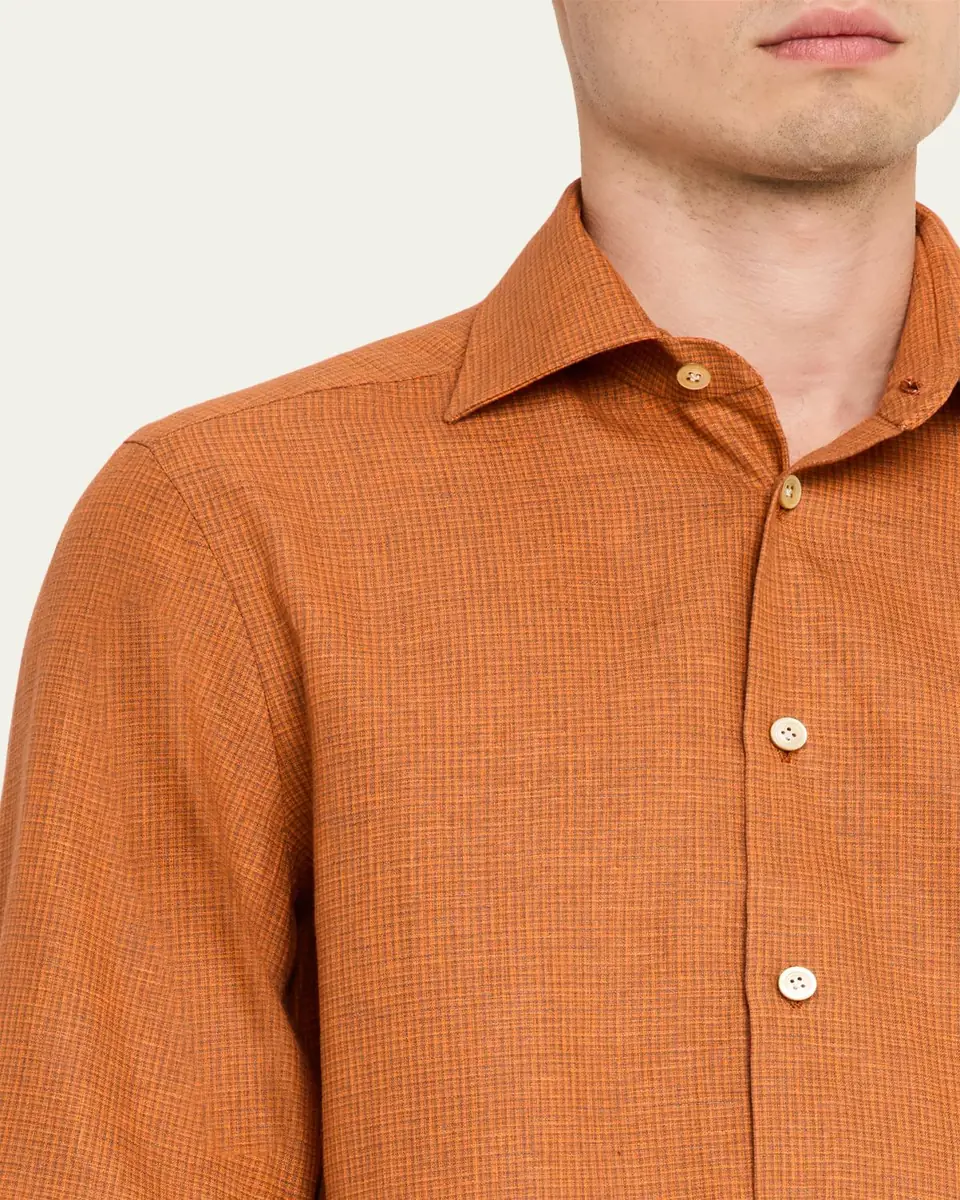 Kiton Men's Linen Blend Shadow-Check Sport Shirt | Thumbnail 5