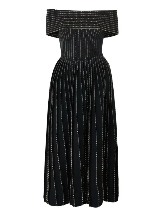 Beaded Off-The-Shoulder Pleated Knit Maxi Dress