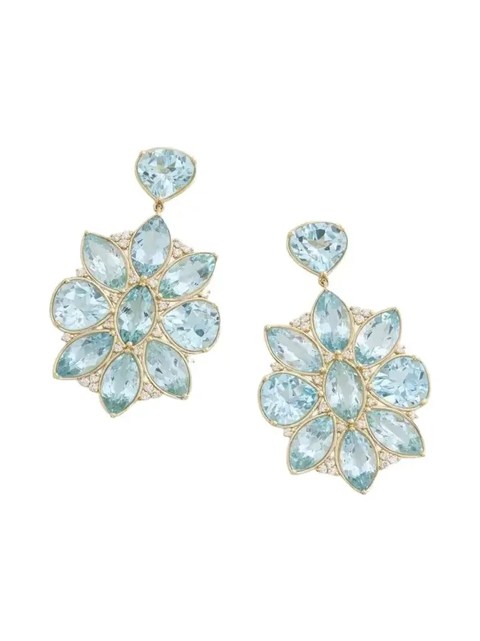 18K Yellow Gold Marquis and Pear Shape Earrings with Aquamarine, Sky Blue Topaz and Diamonds 18K Yellow Gold Marquis and Pear Shape Earrings with Aquamarine, Sky Blue Topaz and Diamonds