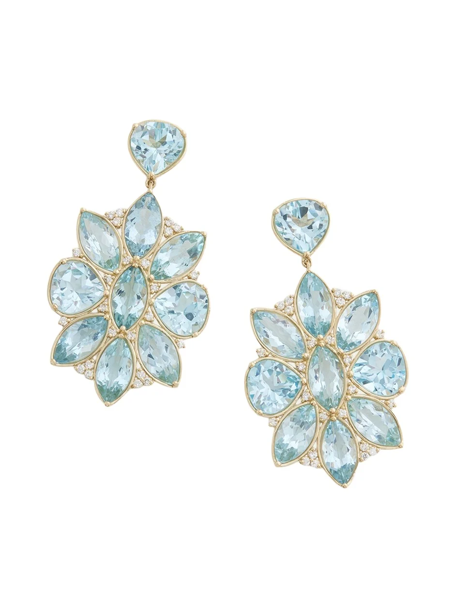 18K Yellow Gold Marquis and Pear Shape Earrings with Aquamarine, Sky Blue Topaz and Diamonds 18K Yellow Gold Marquis and Pear Shape Earrings with Aquamarine, Sky Blue Topaz and Diamonds