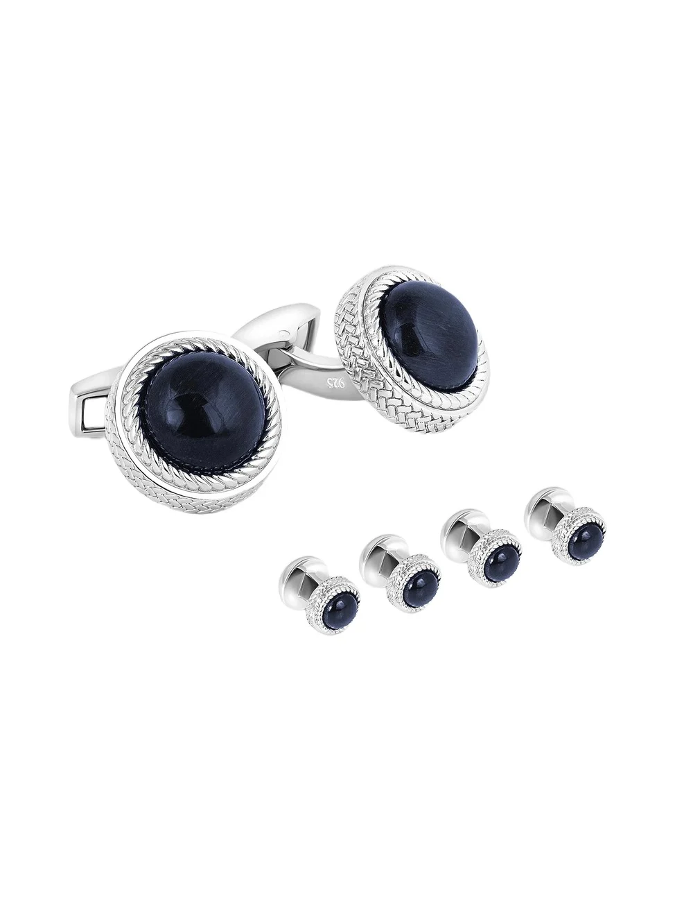 Men's 3-Piece Sterling Silver & Blue Tiger Eye Cufflinks & Studs Set - Blue Men's 3-Piece Sterling Silver & Blue Tiger Eye Cufflinks & Studs Set - Blue