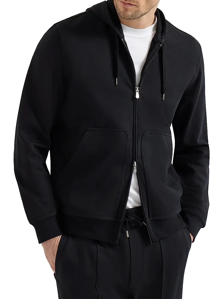Brunello Cucinelli Men's Techno Cotton French Terry Hooded Sweatshirt with Zipper | Thumbnail 2 Brunello Cucinelli Men's Techno Cotton French Terry Hooded Sweatshirt with Zipper | Thumbnail 2