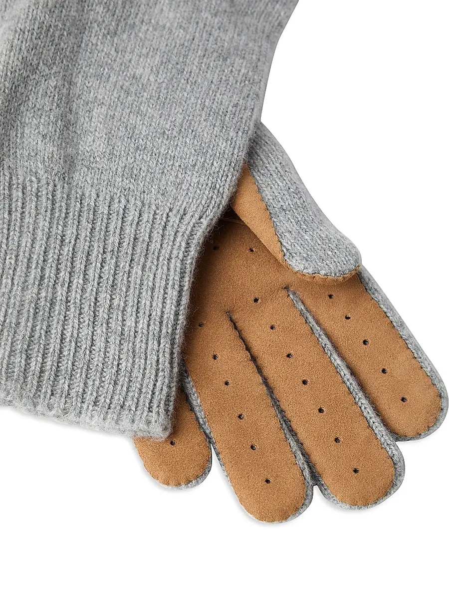Brunello Cucinelli Men's Cashmere Knit Gloves with Suede Palm - Light Grey | Thumbnail 2 Brunello Cucinelli Men's Cashmere Knit Gloves with Suede Palm - Light Grey | Thumbnail 2