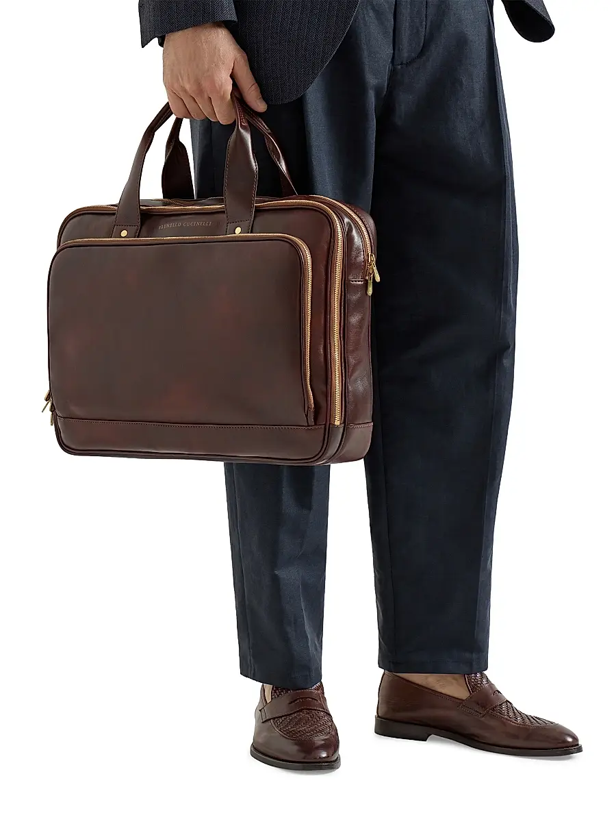 Brunello Cucinelli Men's Calfskin Briefcase with Zipper - Burgundy | Thumbnail 2 Brunello Cucinelli Men's Calfskin Briefcase with Zipper - Burgundy | Thumbnail 2