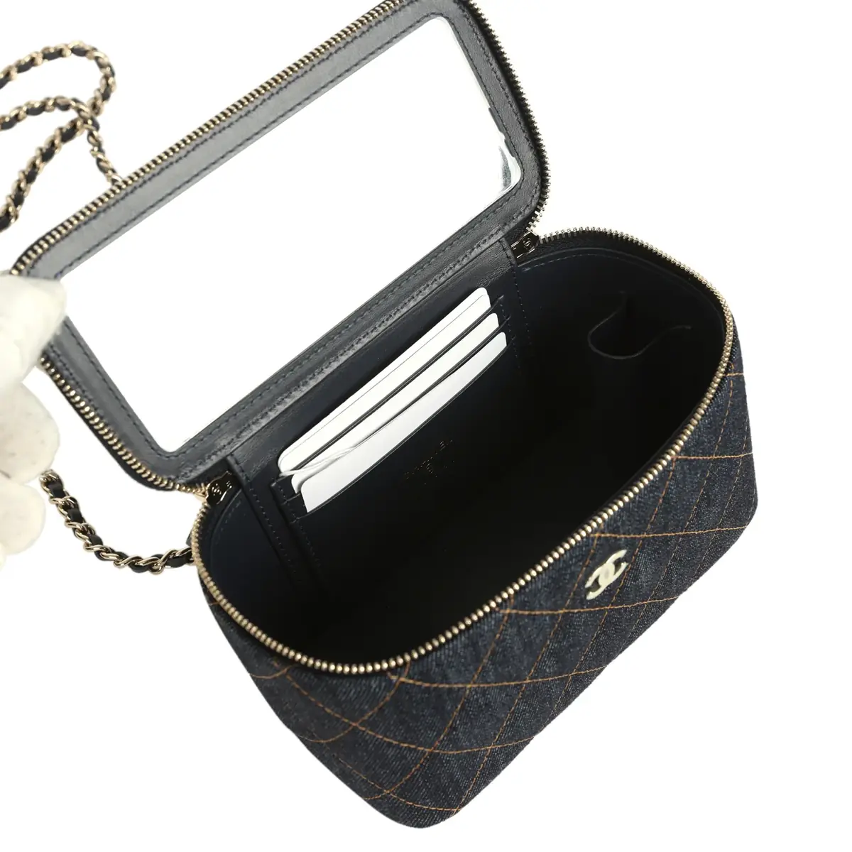 Chanel Chanel Small Classic Vanity Case Dark Blue Denim Light Gold Hardware | Thumbnail 8 Chanel Chanel Small Classic Vanity Case Dark Blue Denim Light Gold Hardware | Thumbnail 8