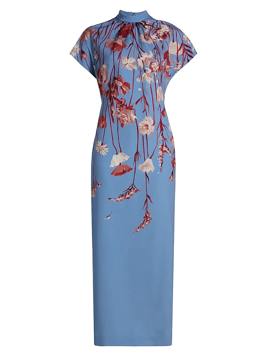 Lela Rose Women's Stella Floral Crêpe Midi-Dress - Cornflower Multi | Image 1 Lela Rose Women's Stella Floral Crêpe Midi-Dress - Cornflower Multi | Image 1