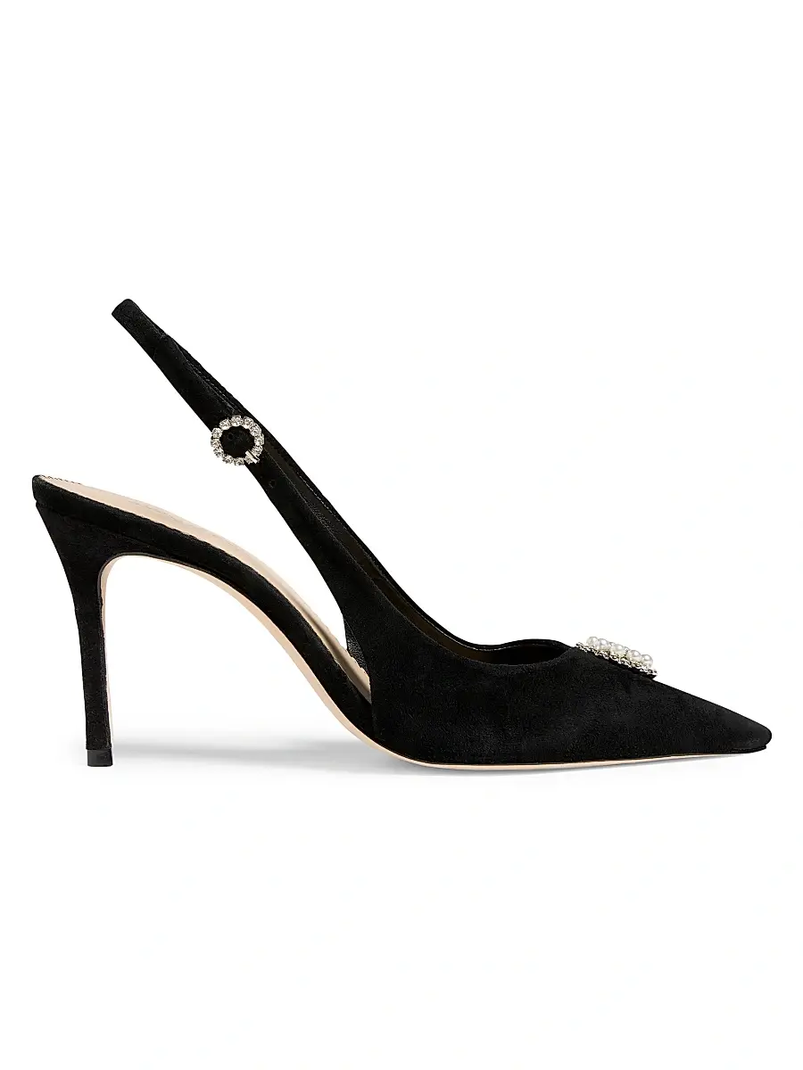 Cinq à Sept Women's Claire 5MM Crystal Brooch Suede Slingback Pumps - Black | Image 1 Cinq à Sept Women's Claire 5MM Crystal Brooch Suede Slingback Pumps - Black | Image 1