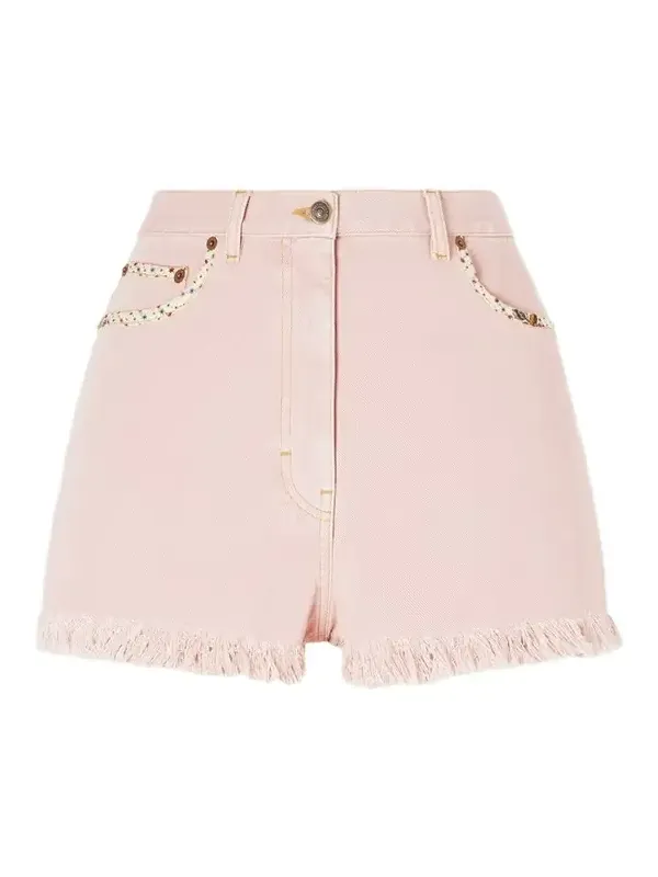 Frayed Embellished Cotton And Linen-blend Denim Shorts
