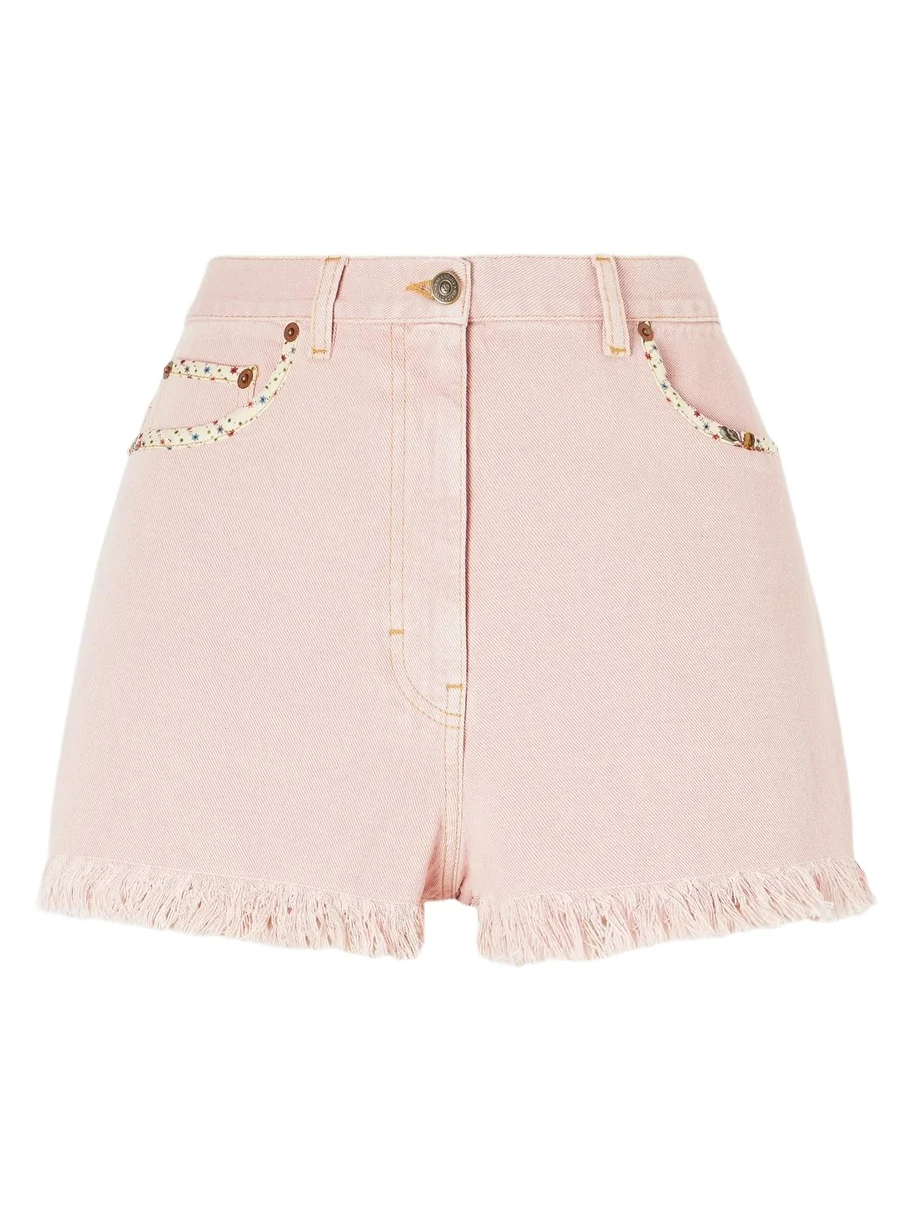 Frayed Embellished Cotton And Linen-blend Denim Shorts