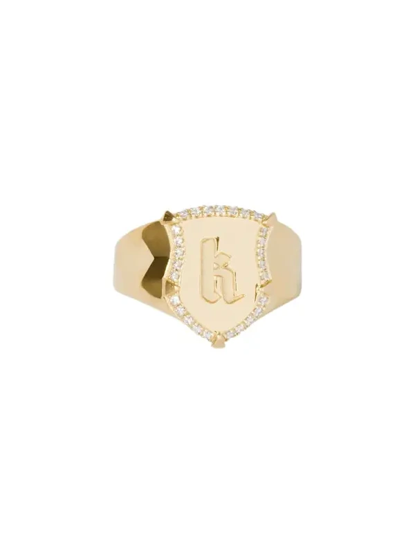 Jennifer Fisher Jennifer Fisher Personalized Mini Classic Shield Ring with Pave White Diamonds in 18K Yellow Gold 8