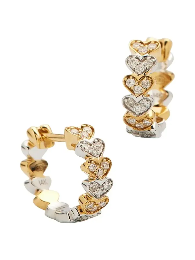 14k Two-Tone Gold Diamond Heart Huggie Earrings 14k Two-Tone Gold Diamond Heart Huggie Earrings