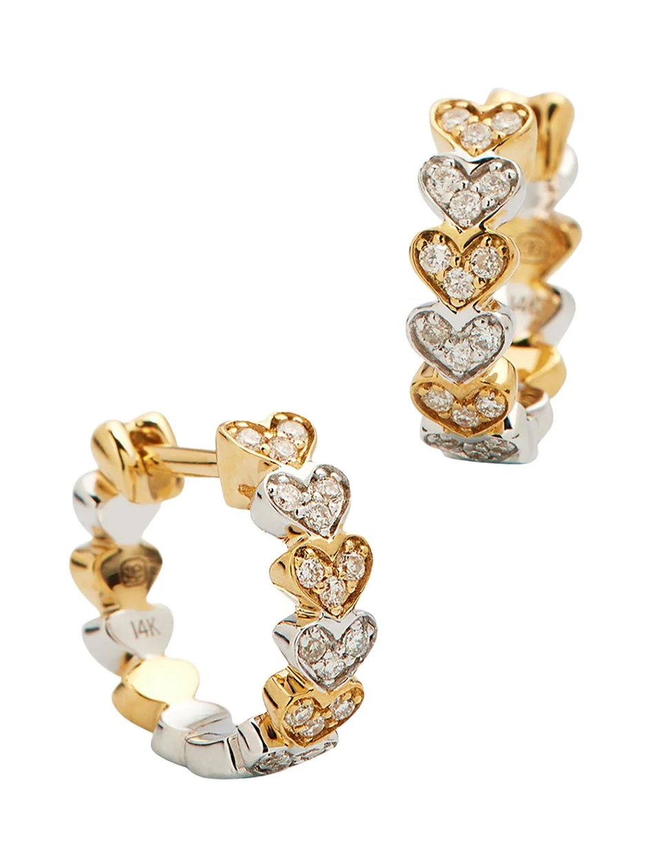 14k Two-Tone Gold Diamond Heart Huggie Earrings