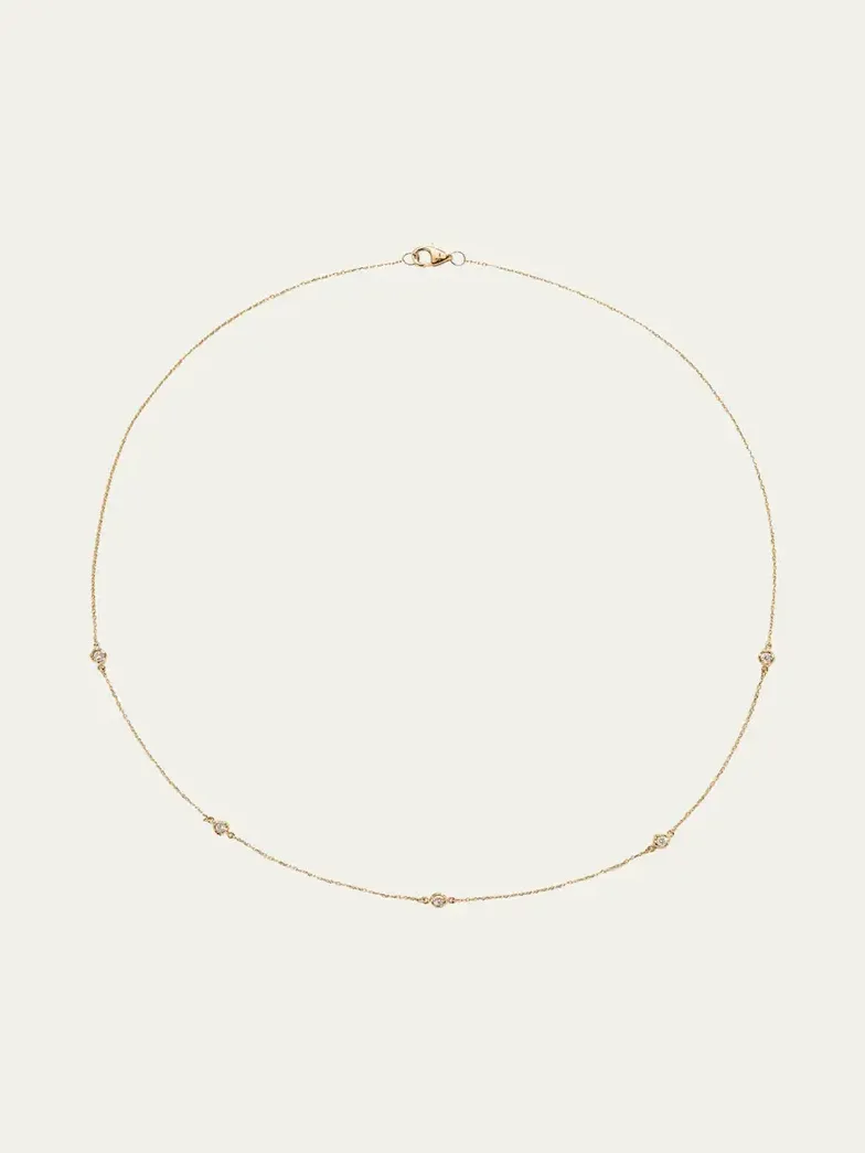 PAMELA LOVE 14K Yellow Gold Station Necklace with Rolo Chain and White Diamonds, 15"L