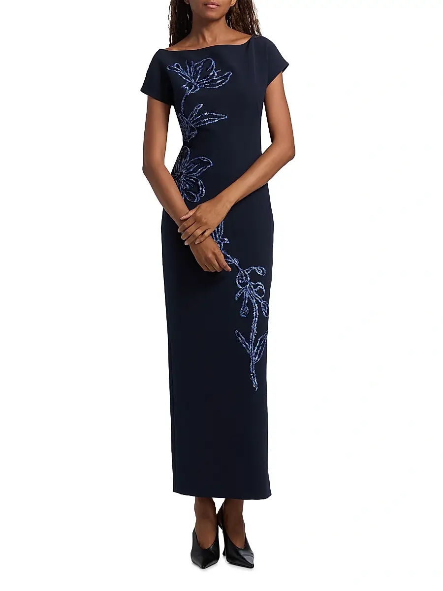 Lela Rose Women's Floral-Embroidered Fluid Crêpe Cocktail Dress - Navy Blue | Thumbnail 2 Lela Rose Women's Floral-Embroidered Fluid Crêpe Cocktail Dress - Navy Blue | Thumbnail 2
