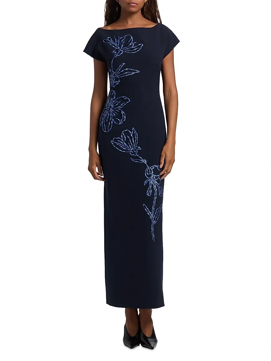 Lela Rose Women's Floral-Embroidered Fluid Crêpe Cocktail Dress - Navy Blue | Thumbnail 3 Lela Rose Women's Floral-Embroidered Fluid Crêpe Cocktail Dress - Navy Blue | Thumbnail 3