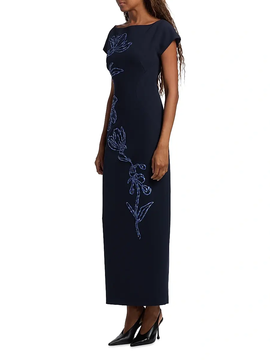 Lela Rose Women's Floral-Embroidered Fluid Crêpe Cocktail Dress - Navy Blue | Thumbnail 4 Lela Rose Women's Floral-Embroidered Fluid Crêpe Cocktail Dress - Navy Blue | Thumbnail 4