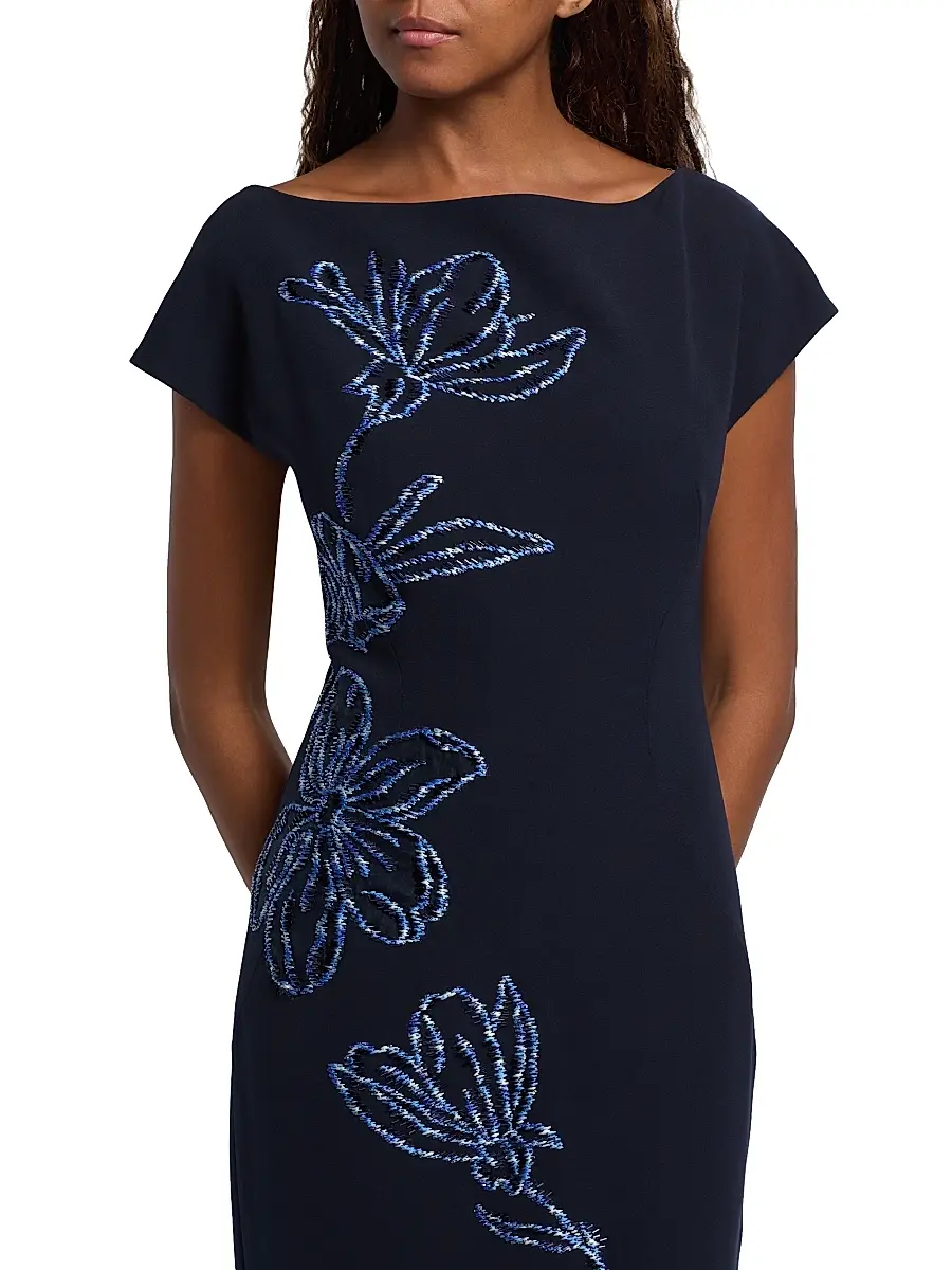 Lela Rose Women's Floral-Embroidered Fluid Crêpe Cocktail Dress - Navy Blue | Thumbnail 6 Lela Rose Women's Floral-Embroidered Fluid Crêpe Cocktail Dress - Navy Blue | Thumbnail 6
