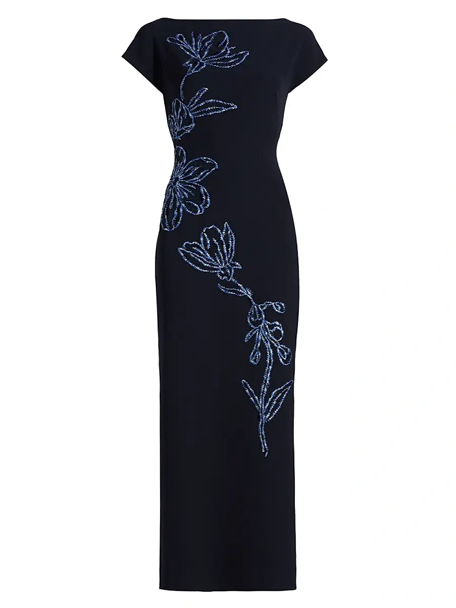Women's Floral-Embroidered Fluid Crêpe Cocktail Dress - Navy Blue Women's Floral-Embroidered Fluid Crêpe Cocktail Dress - Navy Blue