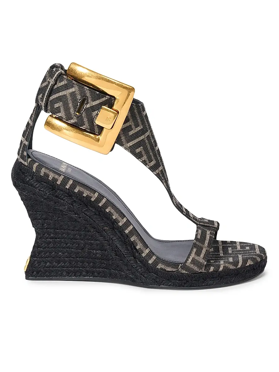 Balmain Women's 95MM Jacquard Espadrille Wedge Sandals - Ivoire Noir | Image 1 Balmain Women's 95MM Jacquard Espadrille Wedge Sandals - Ivoire Noir | Image 1