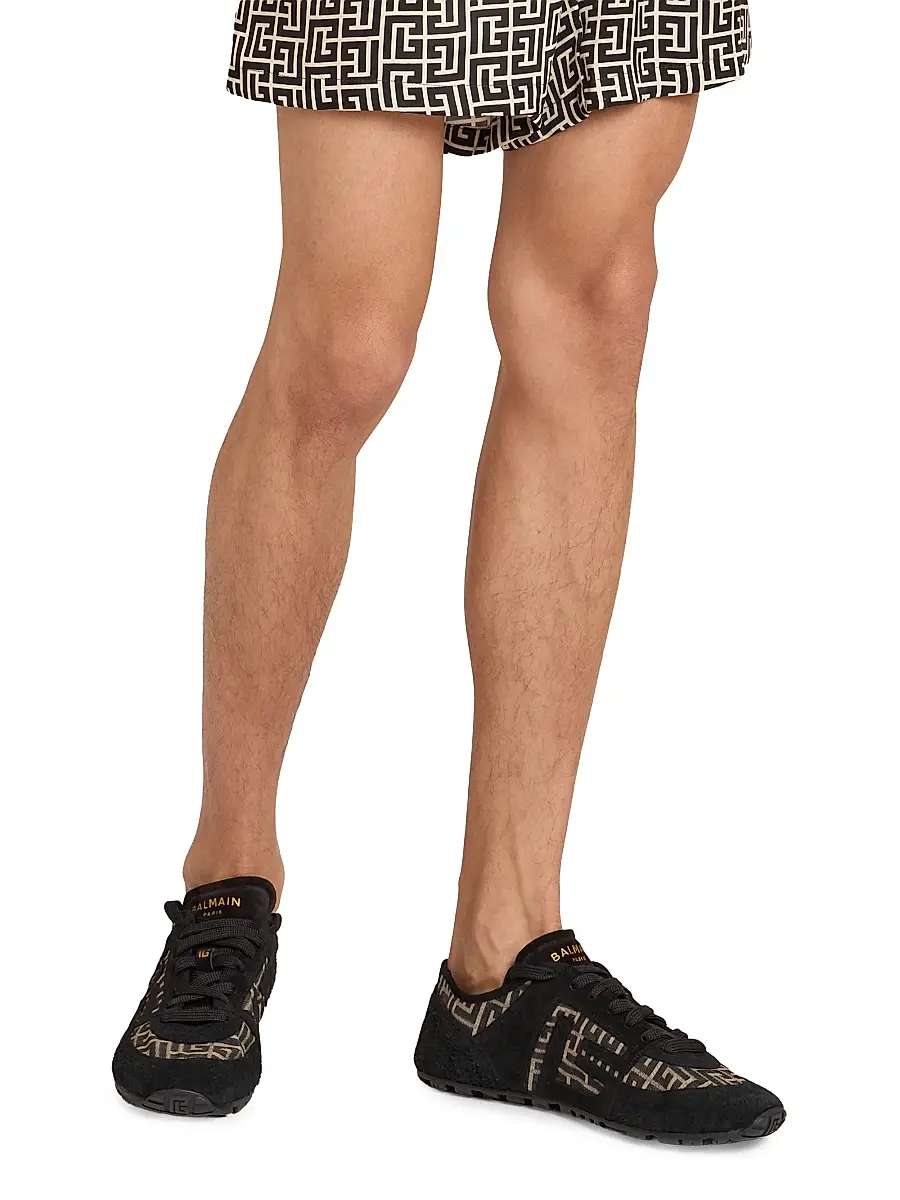 Balmain Men's Suede & Monogram Jacquard Racer Sneakers - Ivoire Noir | Thumbnail 2 Balmain Men's Suede & Monogram Jacquard Racer Sneakers - Ivoire Noir | Thumbnail 2