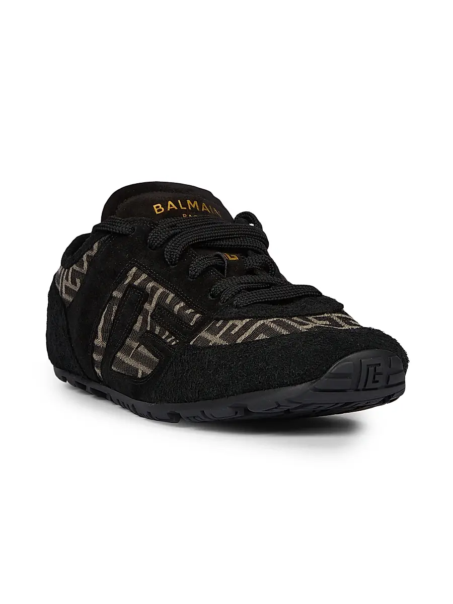 Balmain Men's Suede & Monogram Jacquard Racer Sneakers - Ivoire Noir | Thumbnail 3 Balmain Men's Suede & Monogram Jacquard Racer Sneakers - Ivoire Noir | Thumbnail 3