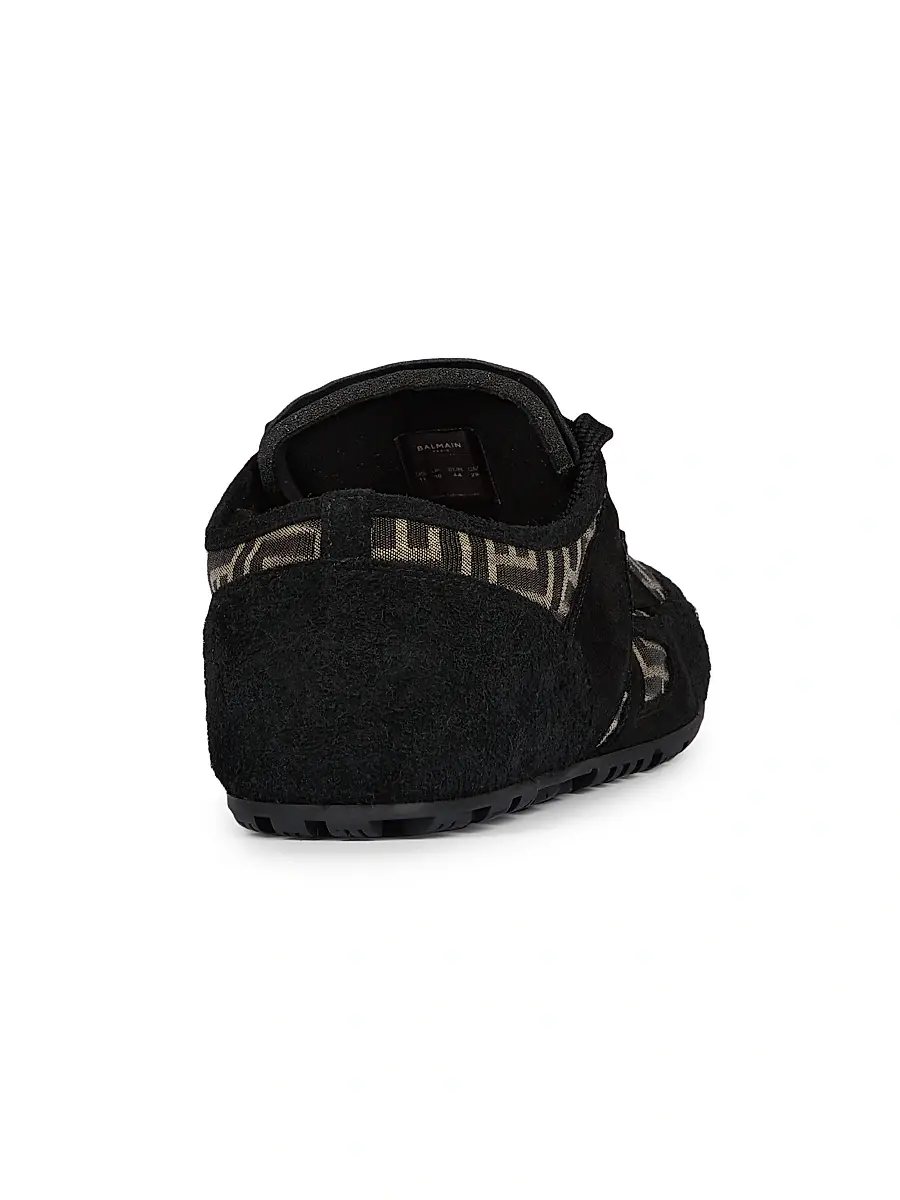 Balmain Men's Suede & Monogram Jacquard Racer Sneakers - Ivoire Noir | Thumbnail 4 Balmain Men's Suede & Monogram Jacquard Racer Sneakers - Ivoire Noir | Thumbnail 4