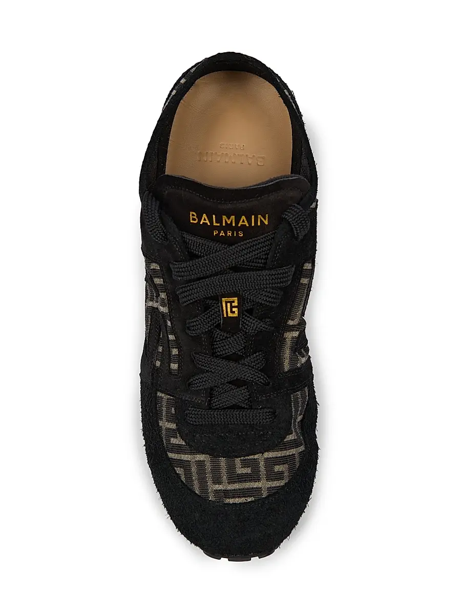 Balmain Men's Suede & Monogram Jacquard Racer Sneakers - Ivoire Noir | Thumbnail 5 Balmain Men's Suede & Monogram Jacquard Racer Sneakers - Ivoire Noir | Thumbnail 5