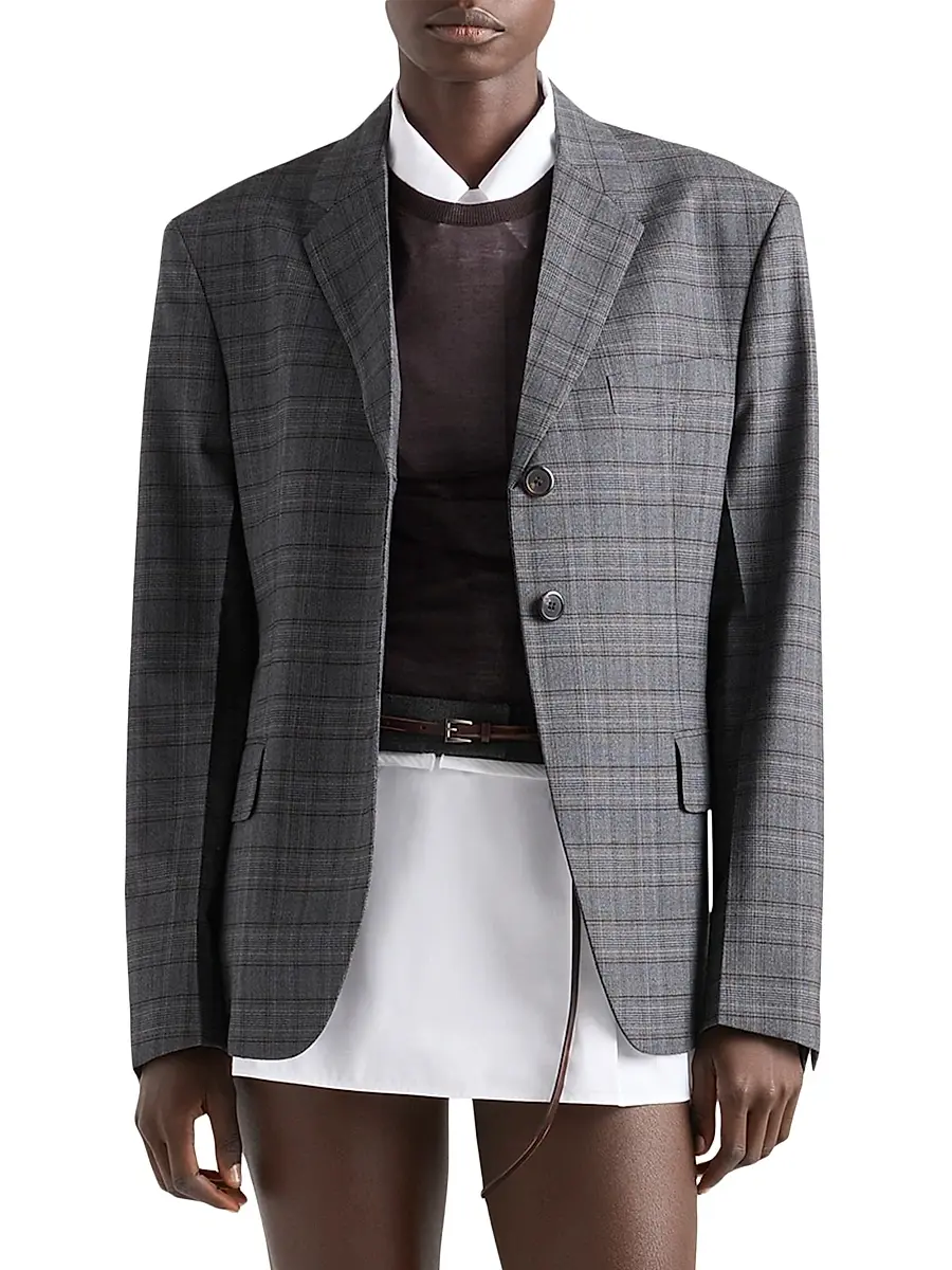 Prada Women's Single-Breasted Prince of Wales Checked Wool Jacket | Thumbnail 2 Prada Women's Single-Breasted Prince of Wales Checked Wool Jacket | Thumbnail 2