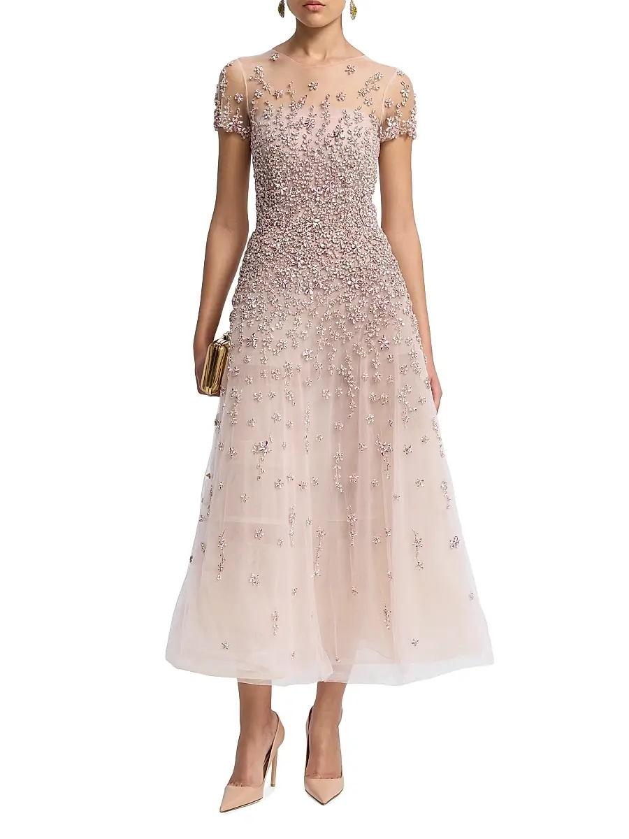 Oscar de la Renta Women's Crystal Floral Tulle Cocktail Dress | Thumbnail 2