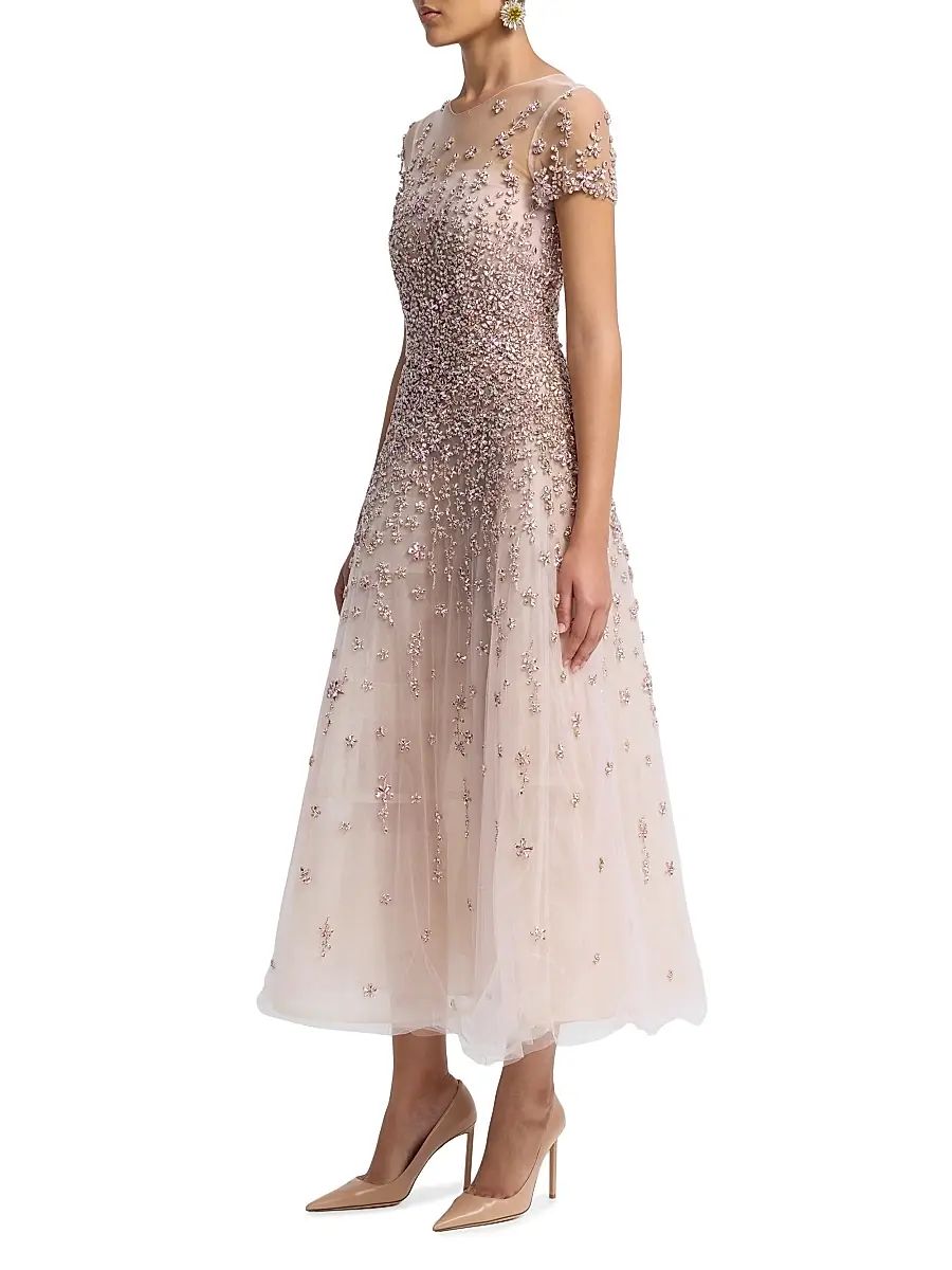 Oscar de la Renta Women's Crystal Floral Tulle Cocktail Dress | Thumbnail 4