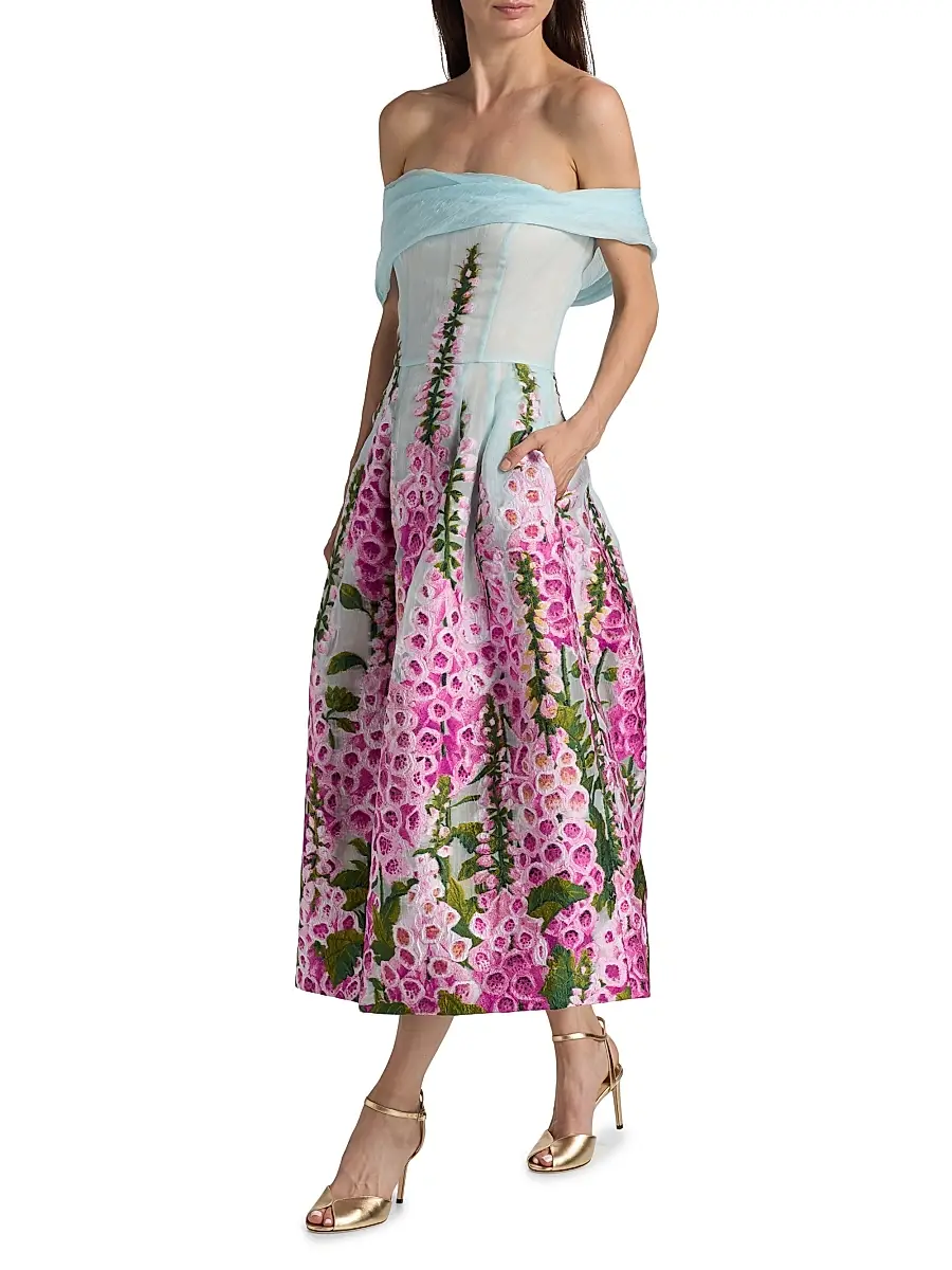 Oscar de la Renta Women's Foxgloves-Embroidered Organza Off-the-Shoulder Dress - Lilac Sky | Thumbnail 2 Oscar de la Renta Women's Foxgloves-Embroidered Organza Off-the-Shoulder Dress - Lilac Sky | Thumbnail 2