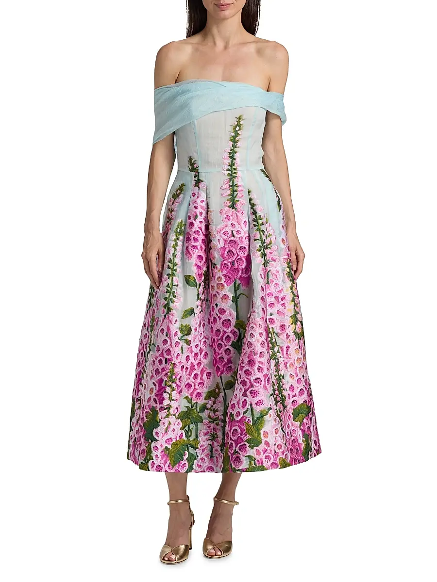 Oscar de la Renta Women's Foxgloves-Embroidered Organza Off-the-Shoulder Dress - Lilac Sky | Thumbnail 3 Oscar de la Renta Women's Foxgloves-Embroidered Organza Off-the-Shoulder Dress - Lilac Sky | Thumbnail 3